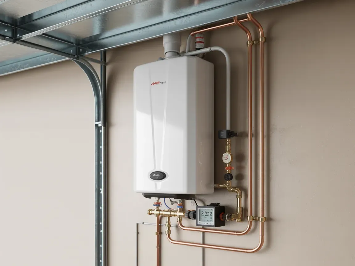 White tankless water heater mounted on a beige wall, with copper pipes and ventilation.