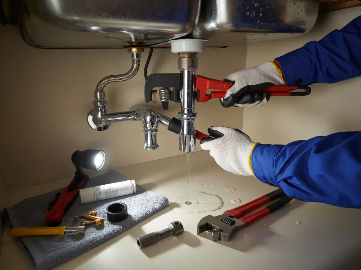 Plumber working under a sink, using wrenches to repair pipes, with tools and a flashlight nearby.