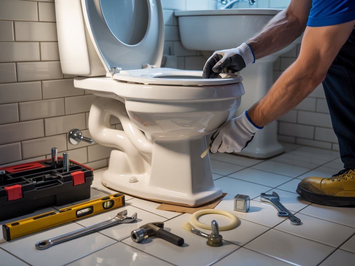 Plumber fixing a toilet in a white tiled bathroom, tools laid out on the floor.
