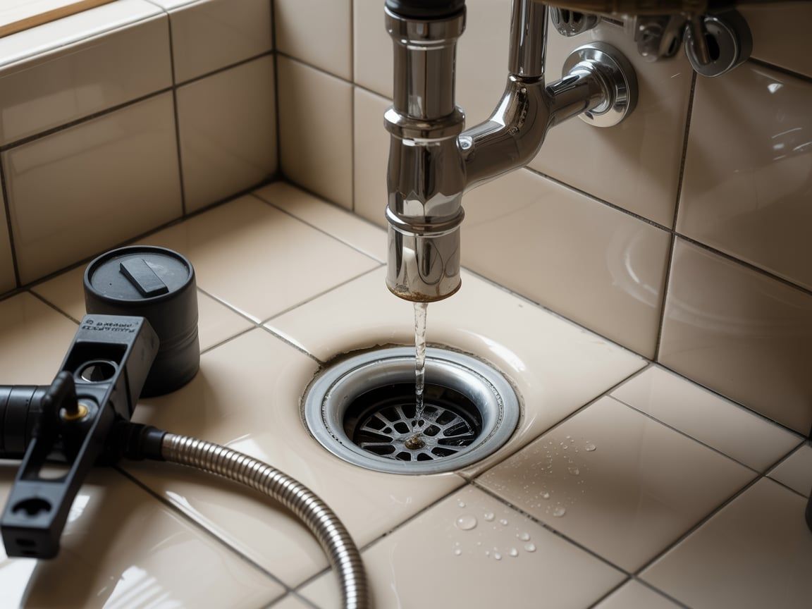 Water flows from a chrome pipe into a kitchen sink drain. A level tool rests on the tiles.