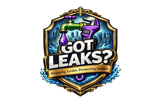 Colorful shield logo reading &ldquo;GOT LEAKS?&rdquo; with dripping pipe graphic and &ldquo;Stopping Leaks, Protecting Homes&rdquo; tagline