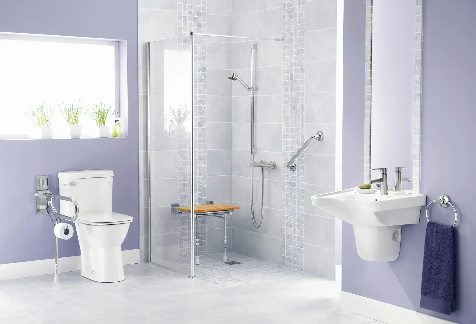 Accessible bathroom with toilet, wall sink, walk-in shower, and light purple walls