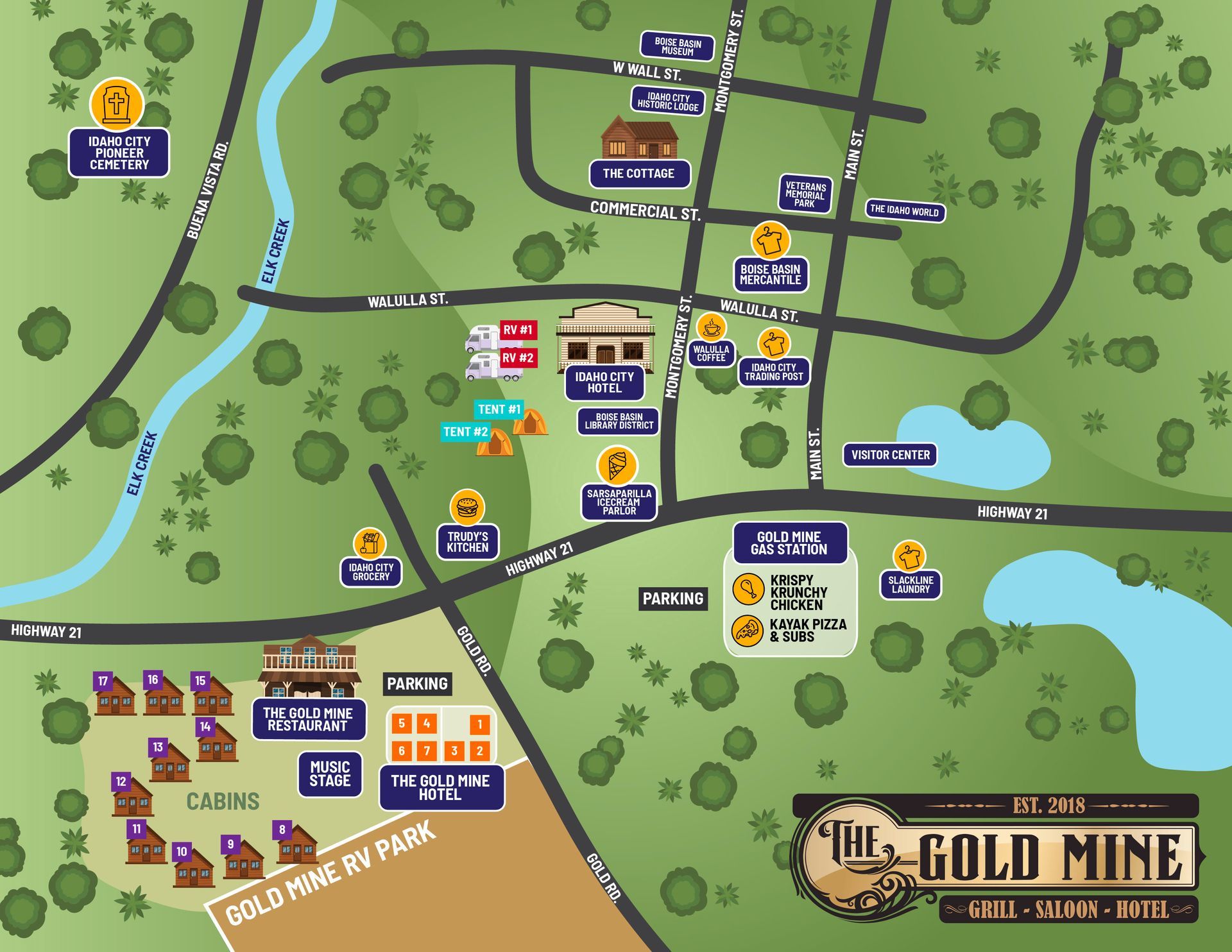An aerial view of a map of the gold mine hotel and Idaho City