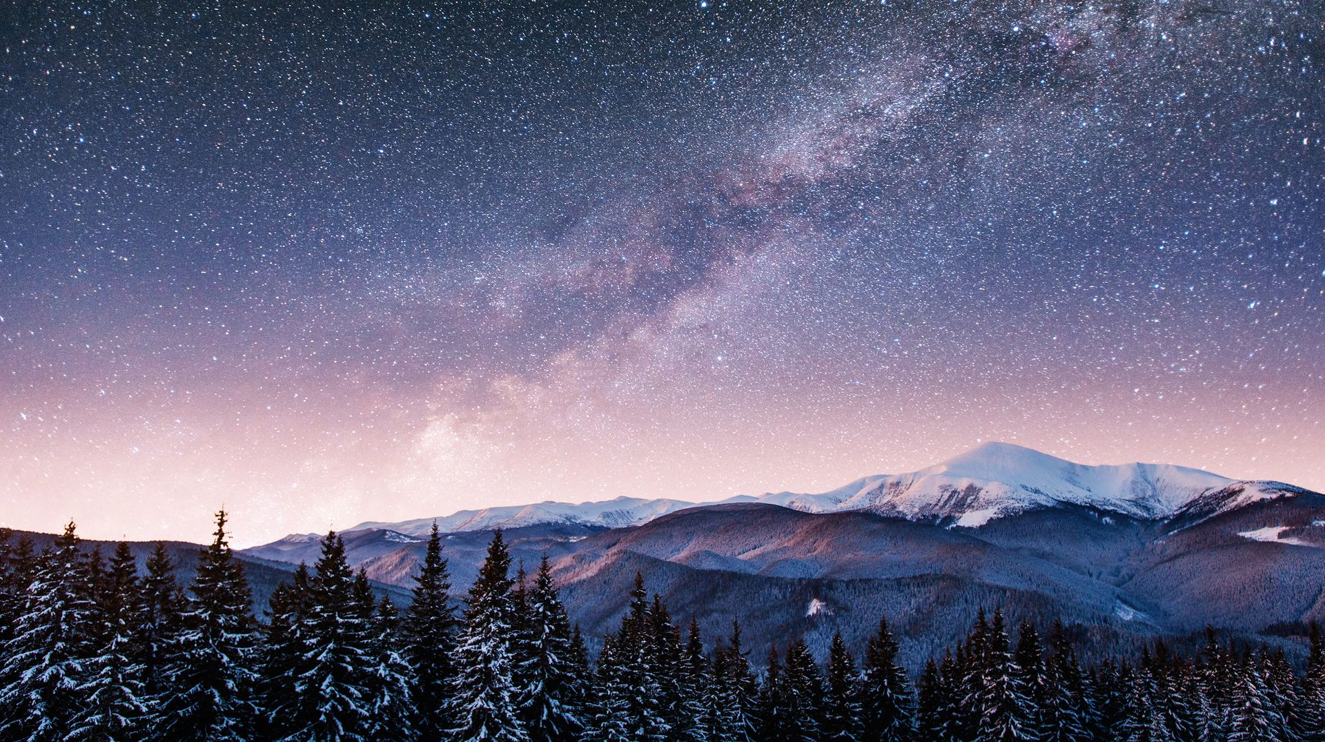 Night sky over snow-covered mountains, lit by the Milky Way. Trees in the foreground.