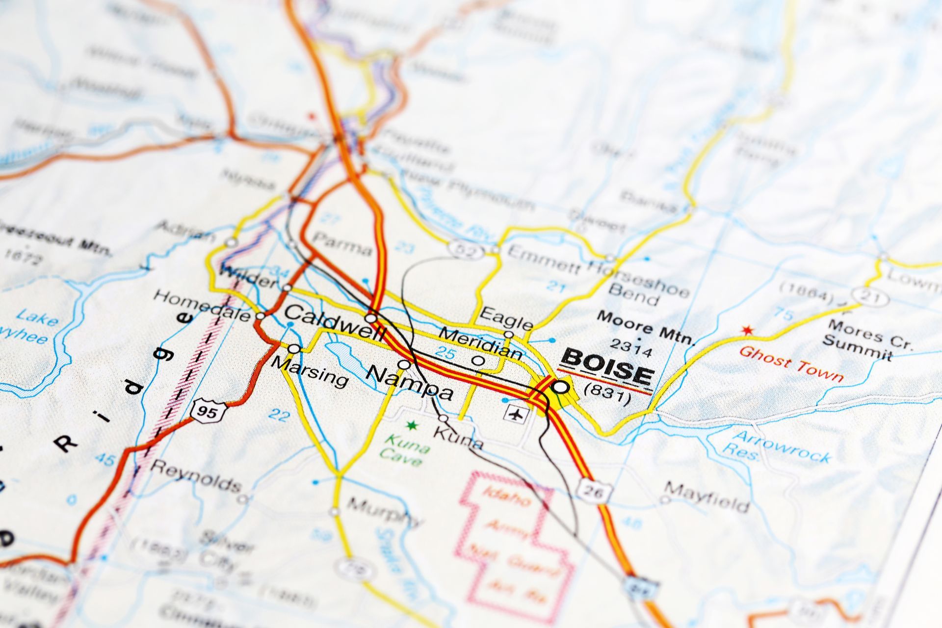 Map of Boise, Idaho, showing roads, cities, and geographical features like mountains and rivers.