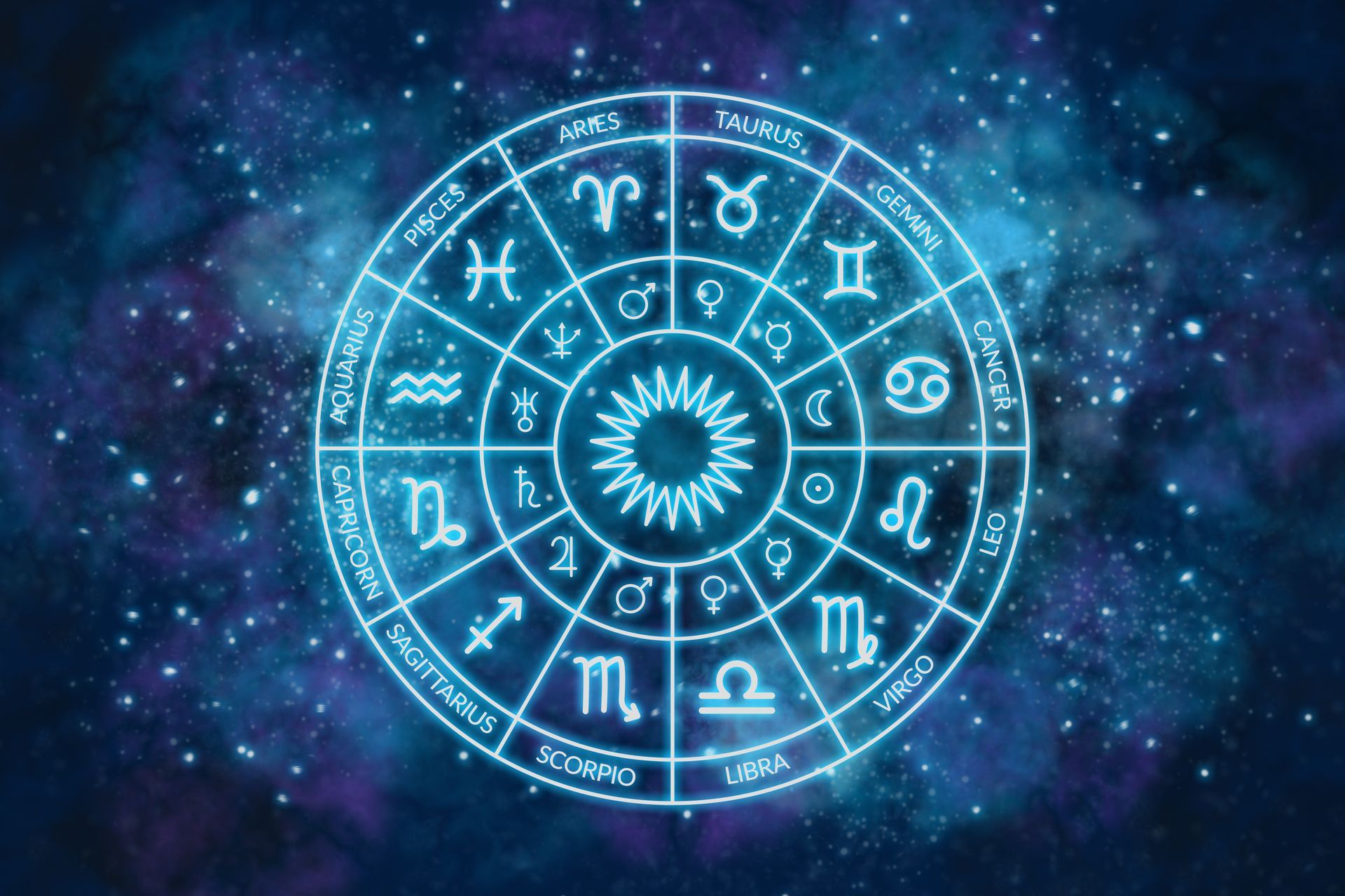Blue astrological wheel with constellations on a starry background.