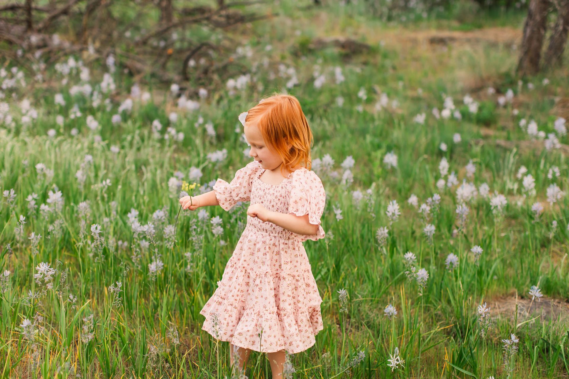 Young child with red hair in a pink dress, picking flowers in a field of green grass and white flowers.