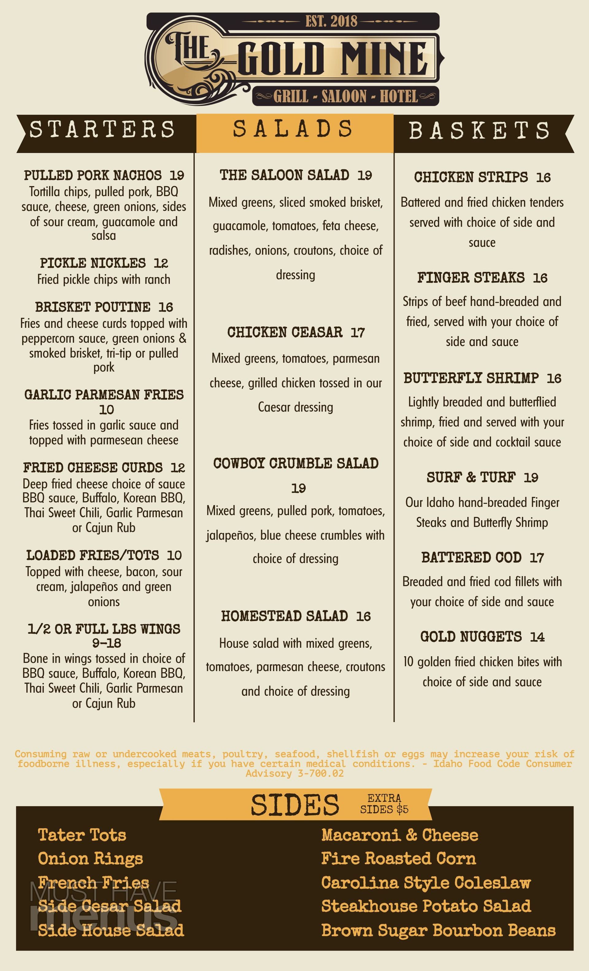 A menu for a restaurant called pub starters and bakes and bowls