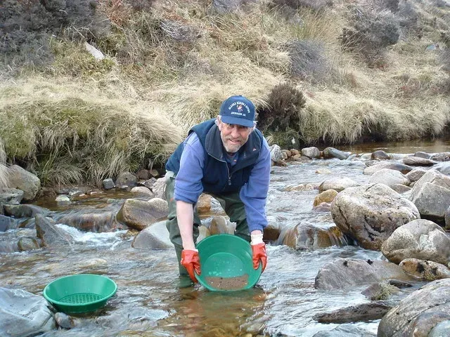 A man is searching for gold in a stream