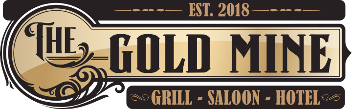 A logo for the gold mine grill saloon hotel