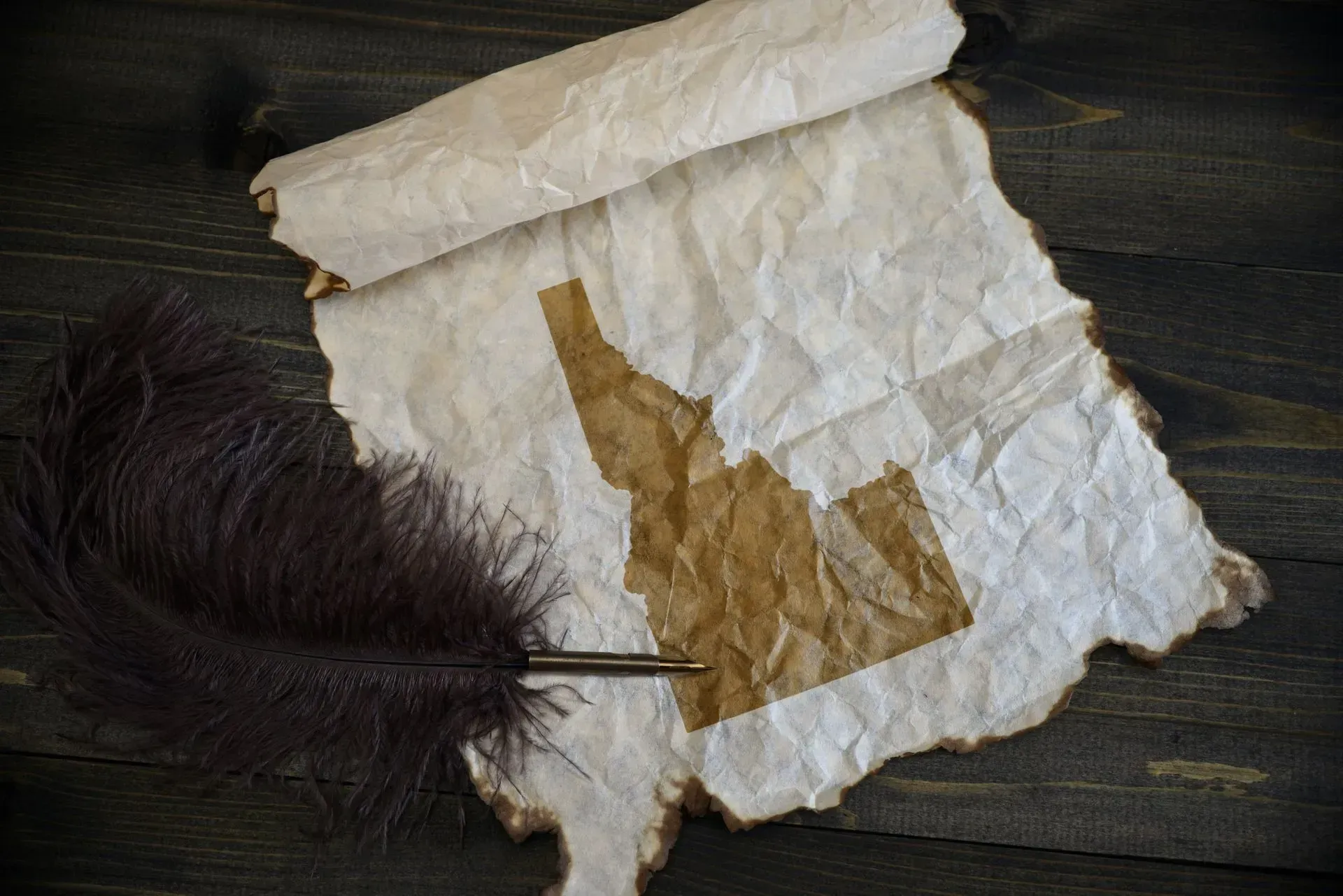 A feather pen is sitting on top of a piece of paper with a map of idaho on it.