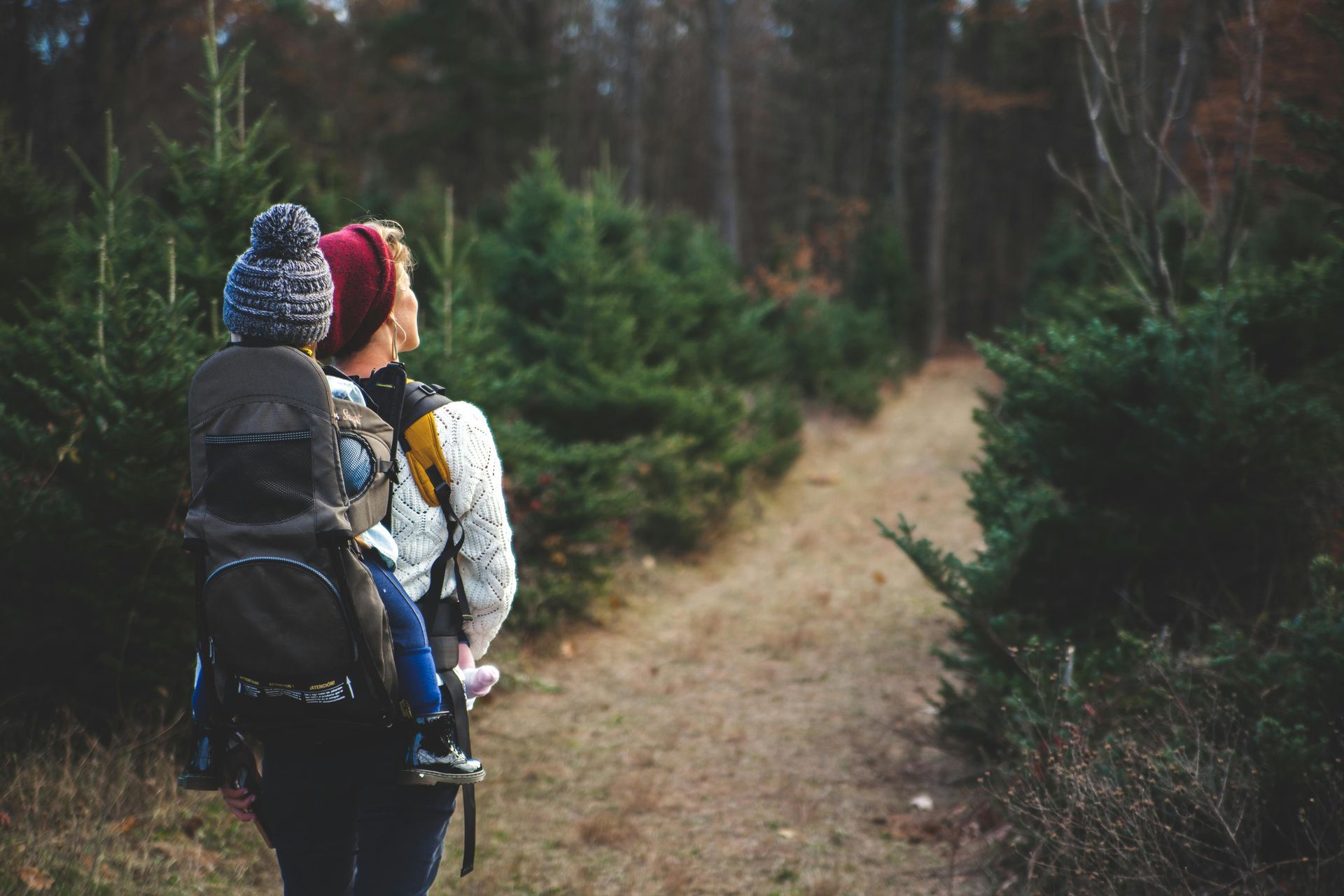 A woman is carrying a child in a backpack on a path in the woods.
