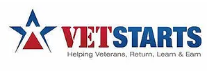 Logo with a blue and red star and the word "VETSTARTS" with the tagline "Helping Veterans, Return, Learn & Earn."