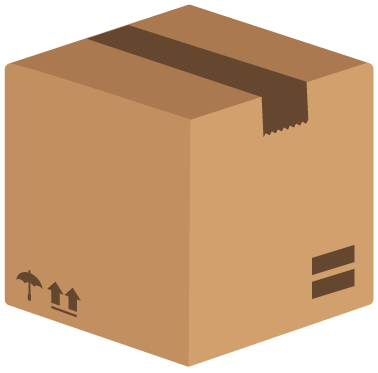 Brown cardboard box sealed with tape and shipping symbols.