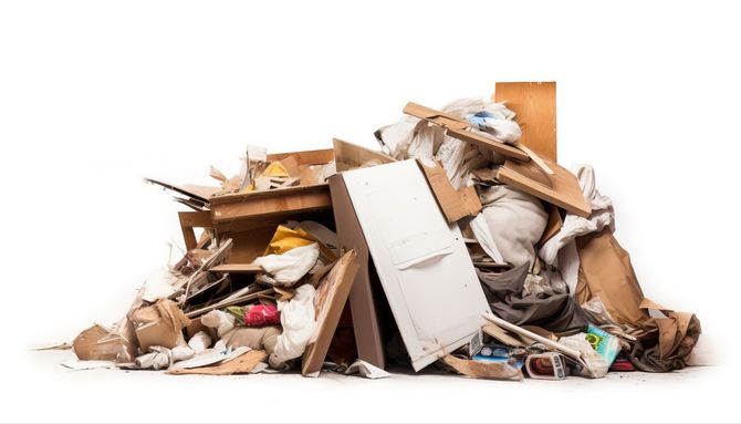 Pile of discarded trash and debris on a white background, including wood, cardboard, and fabric.