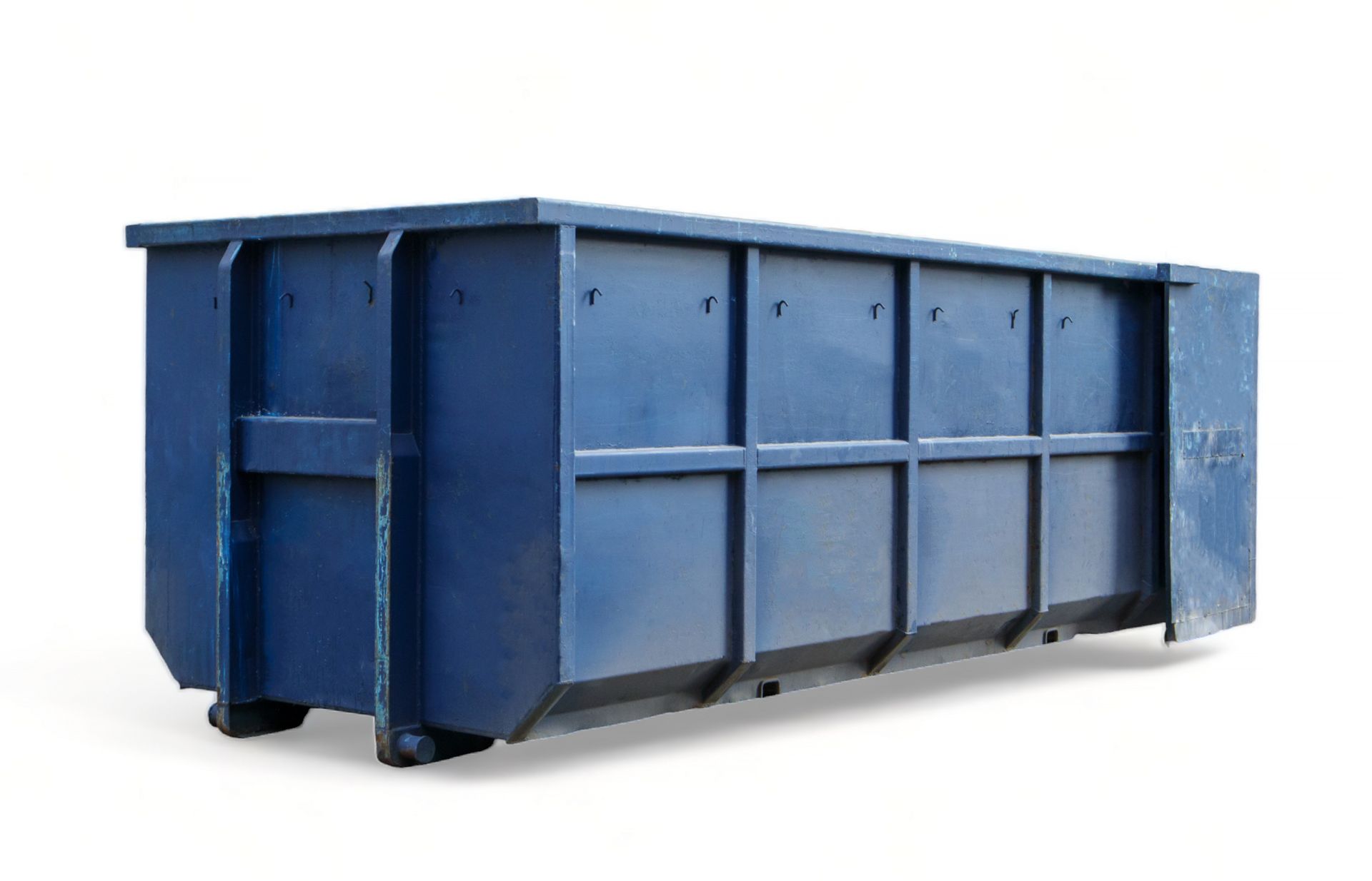 Blue rectangular dumpster on a white background.