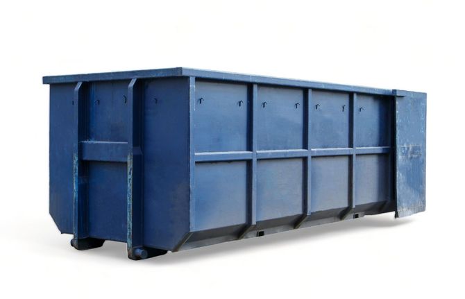Blue rectangular dumpster on a white background.