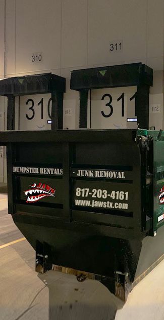 JAWS Junk and Waste Removal Commercial dumpsters. Warehouse Dumpster. Arlington Texas. Personal Dumpster