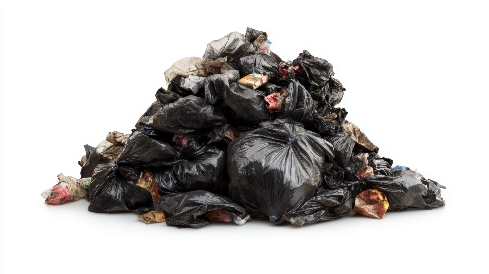 Pile of black trash bags and loose garbage.