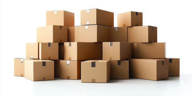 Pile of stacked cardboard boxes, possibly for moving or storage, on a white surface.