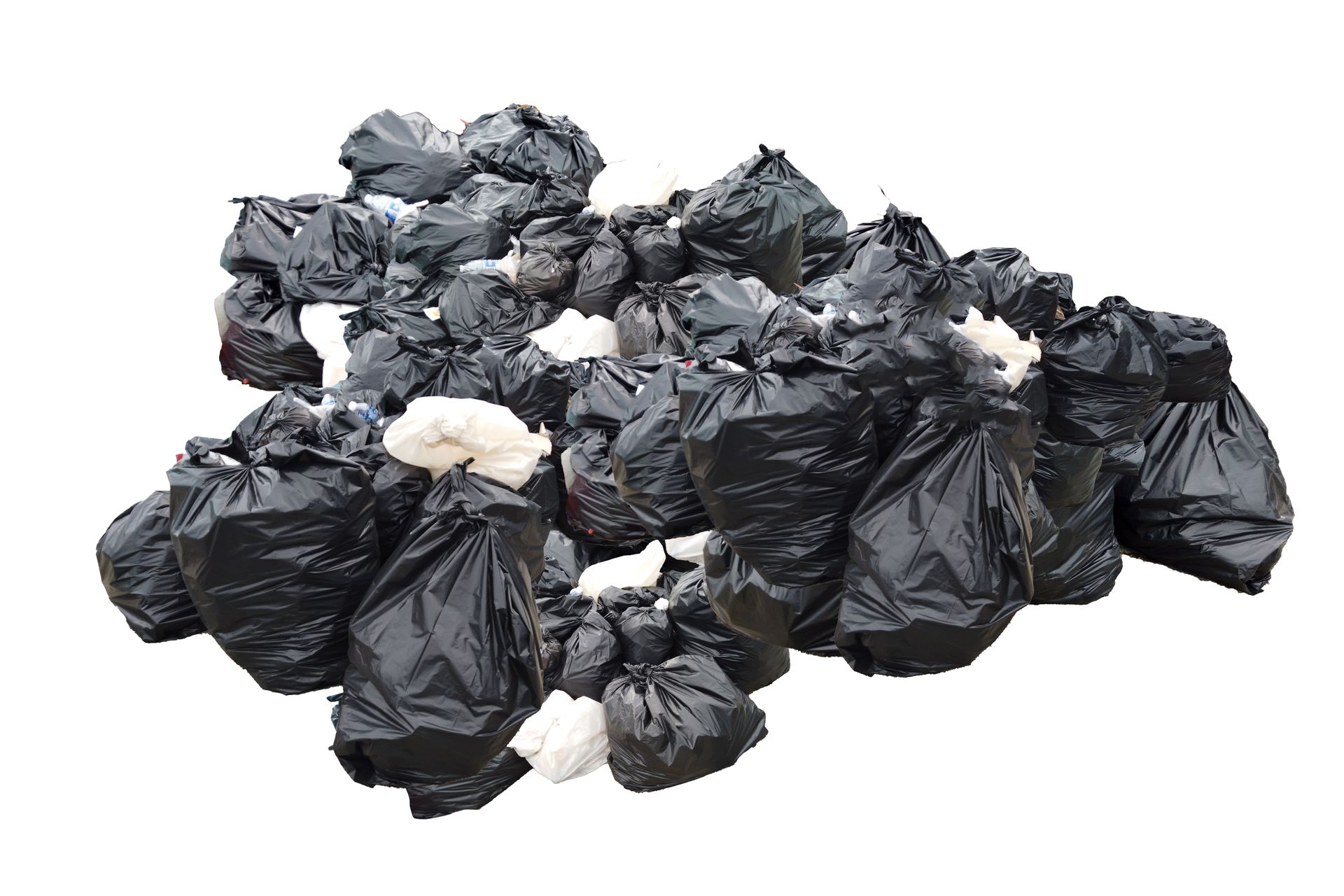 Pile of black and white garbage bags.