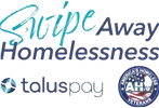 "Swipe Away Homelessness" logo with "taluspay" and AHV logo. Text is teal and navy blue.