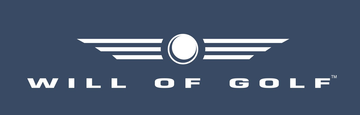 White winged golf logo with the words “WILL OF GOLF” on a dark blue background