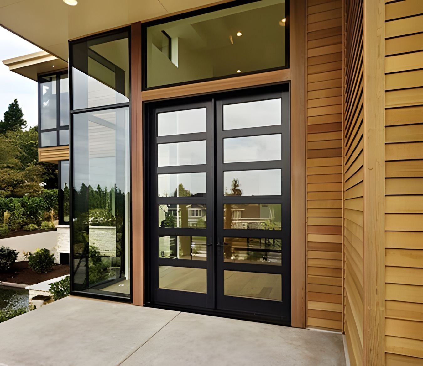 The front door of a house with a lot of windows