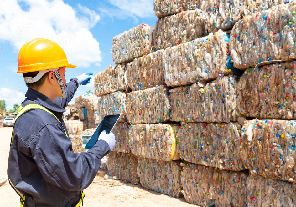 A man in a hard hat is standing in front of a pile of plastic bottles.