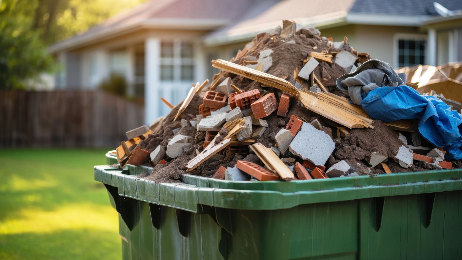 Green dumpster overflowing with construction debris in a yard with a house.
