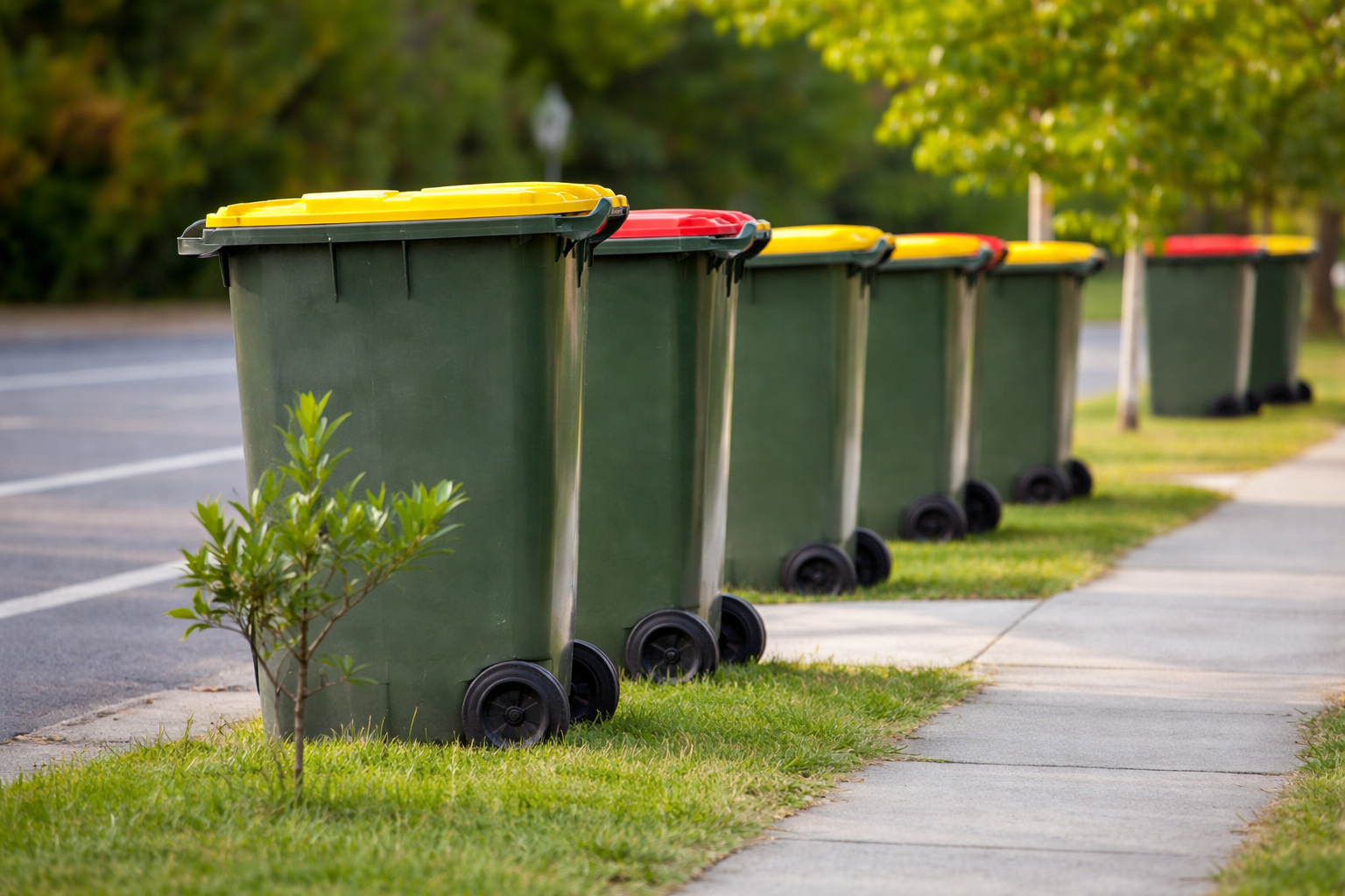 Worms are crawling on the side of a green trash can.