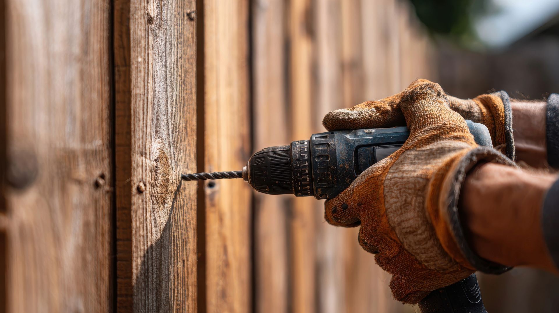 Person using a drill to make a hole in a wooden fence, wearing work gloves.