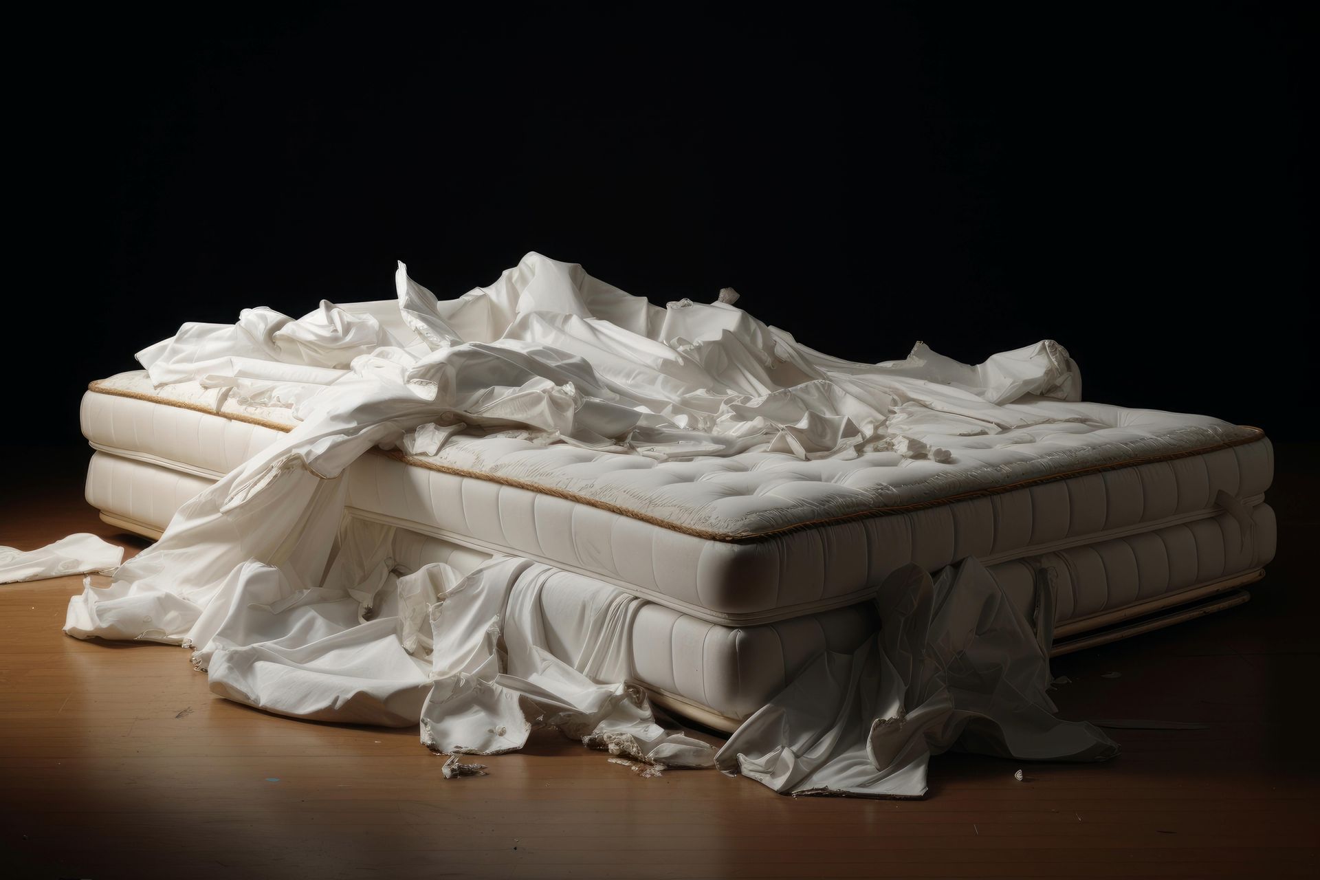 White mattress covered in crumpled white fabric, lit from above, against a dark background.