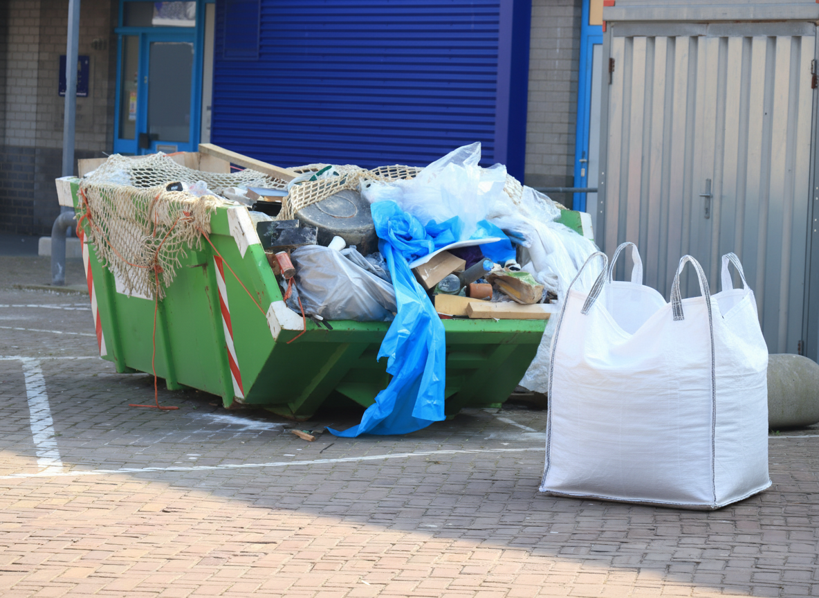Green dumpster overflowing with trash; a large white bag sits nearby.