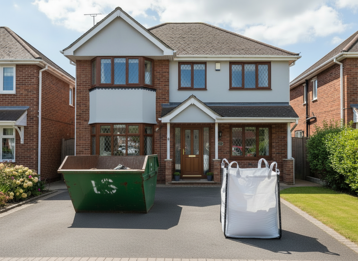 Two-story house with a green skip and a large white bag on the driveway; construction site.