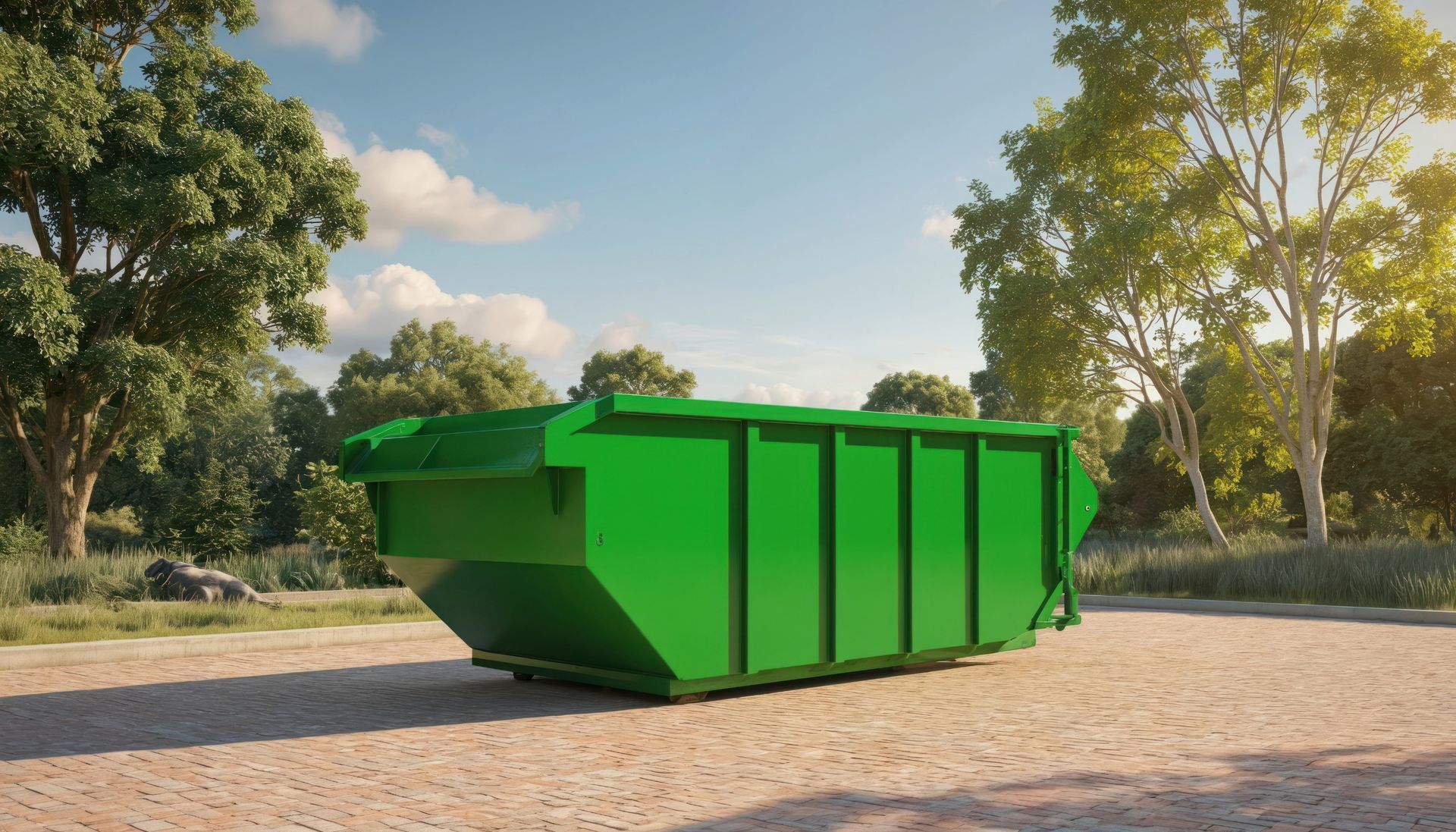 Green dumpster on a dirt path, surrounded by trees under a sunny sky.