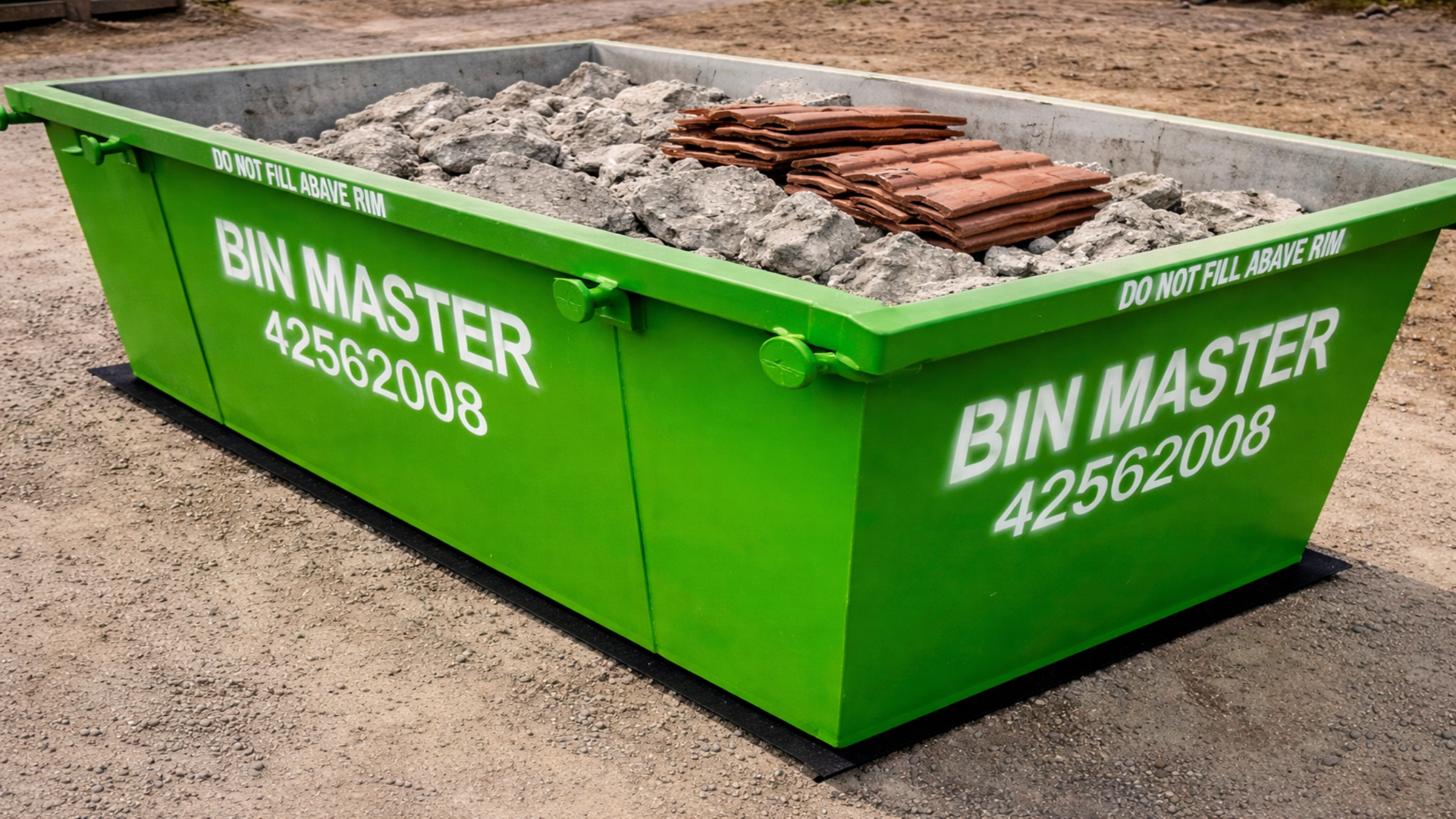 Green dumpster overflowing with construction debris in a yard with a house.