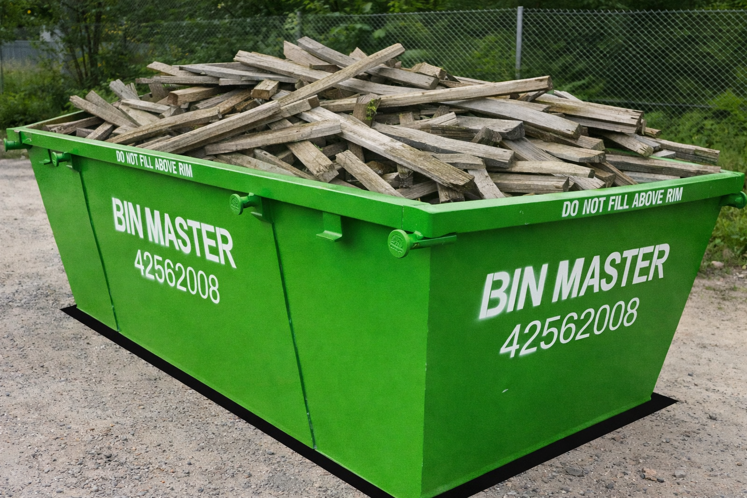 Green dumpster outdoors, likely for construction or waste disposal.
