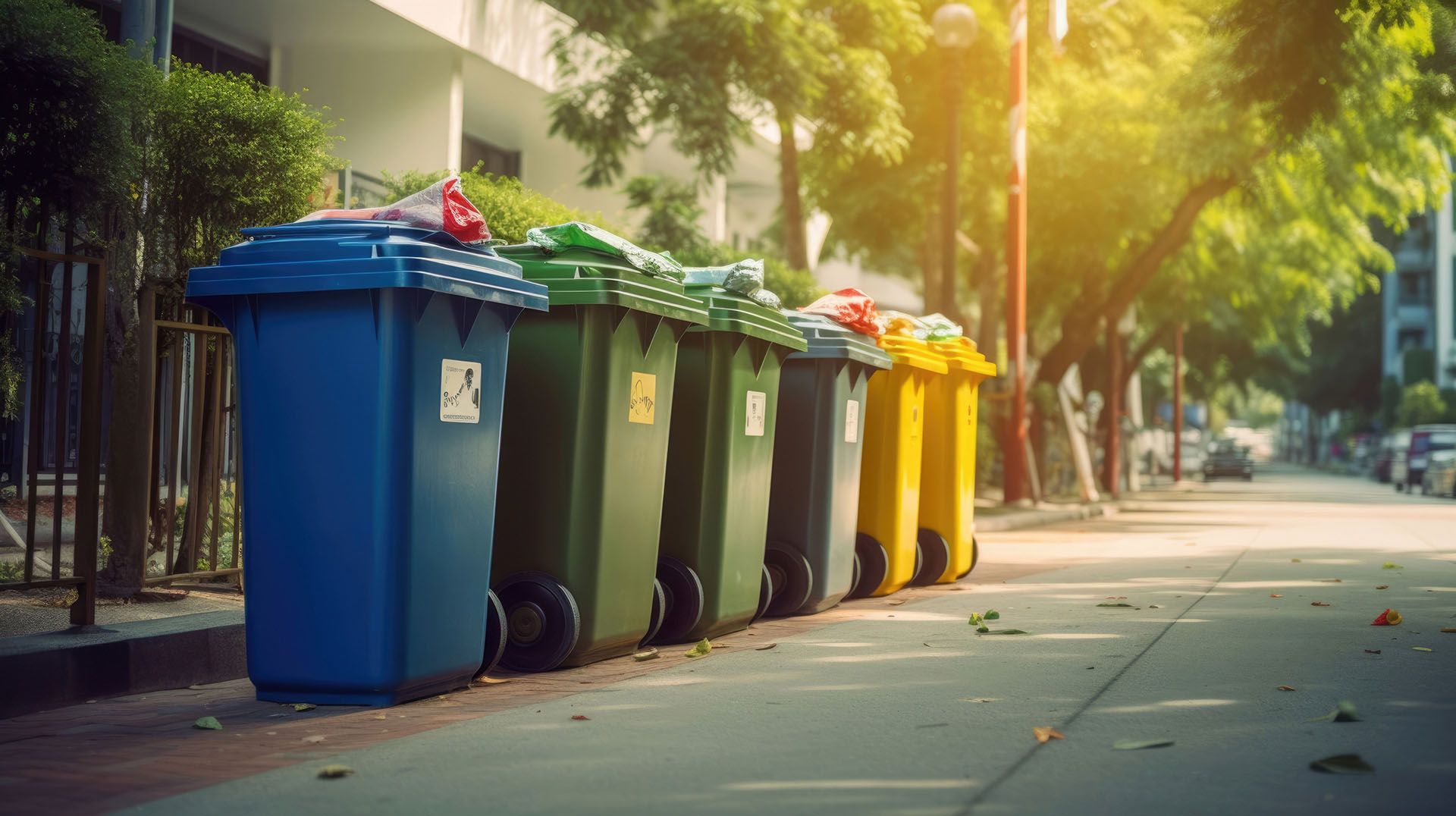 Row of colorful recycling bins on a sidewalk under trees; sunny day.