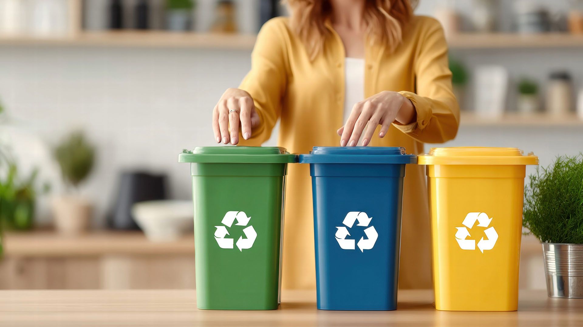 Woman sorting trash into green, blue, and yellow recycling bins in a kitchen.