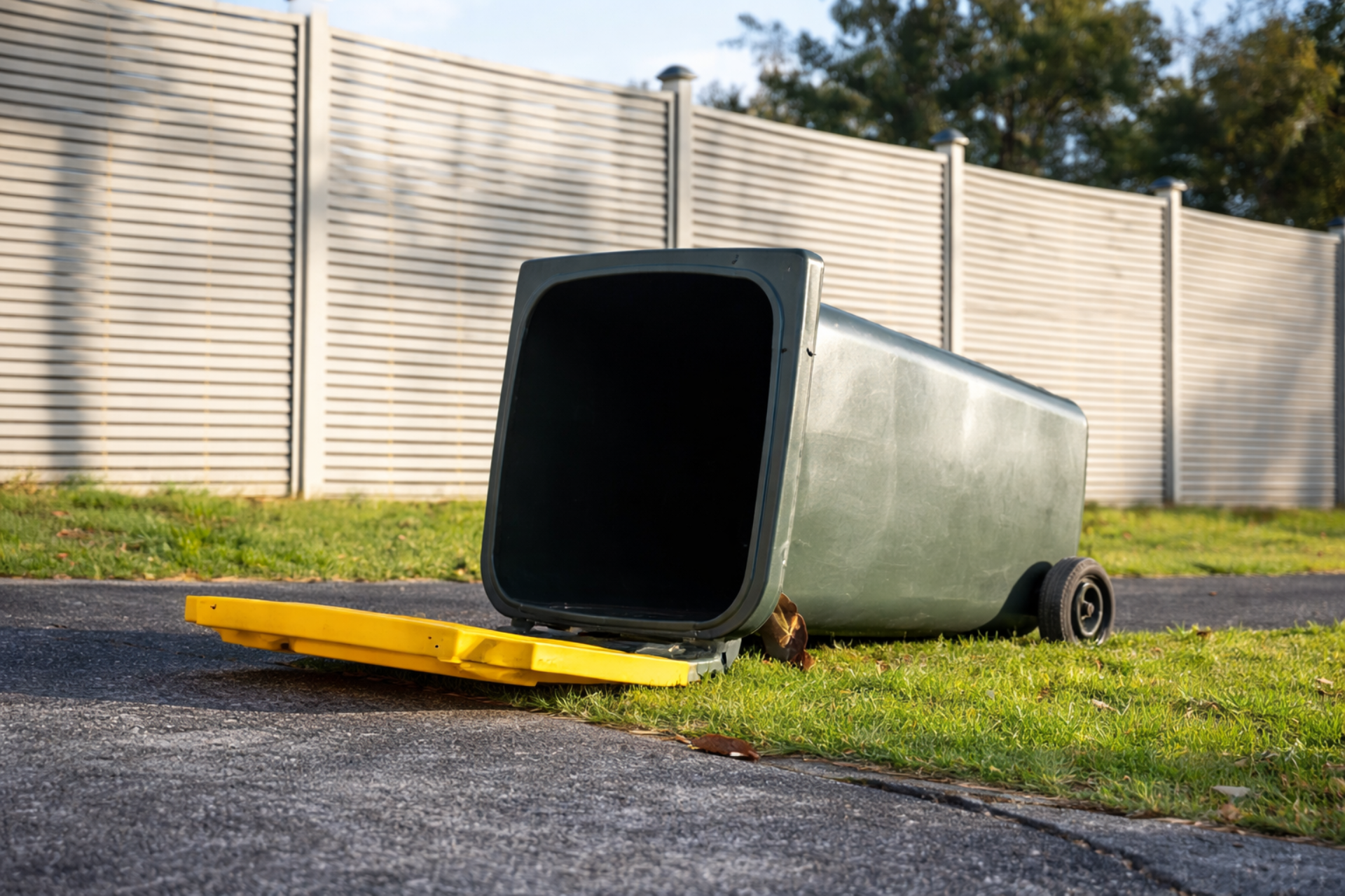 A brown garbage can with a blue and white building in the background.
