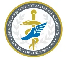 American Board of Foot and Ankle Surgery logo: A caduceus with a winged foot, within a gold and grey circular border.