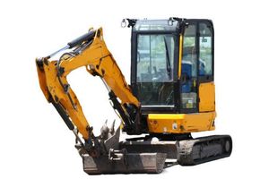 a small yellow excavator is sitting on a white background .