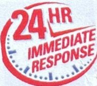a 24 hr immediate response logo that is red and white