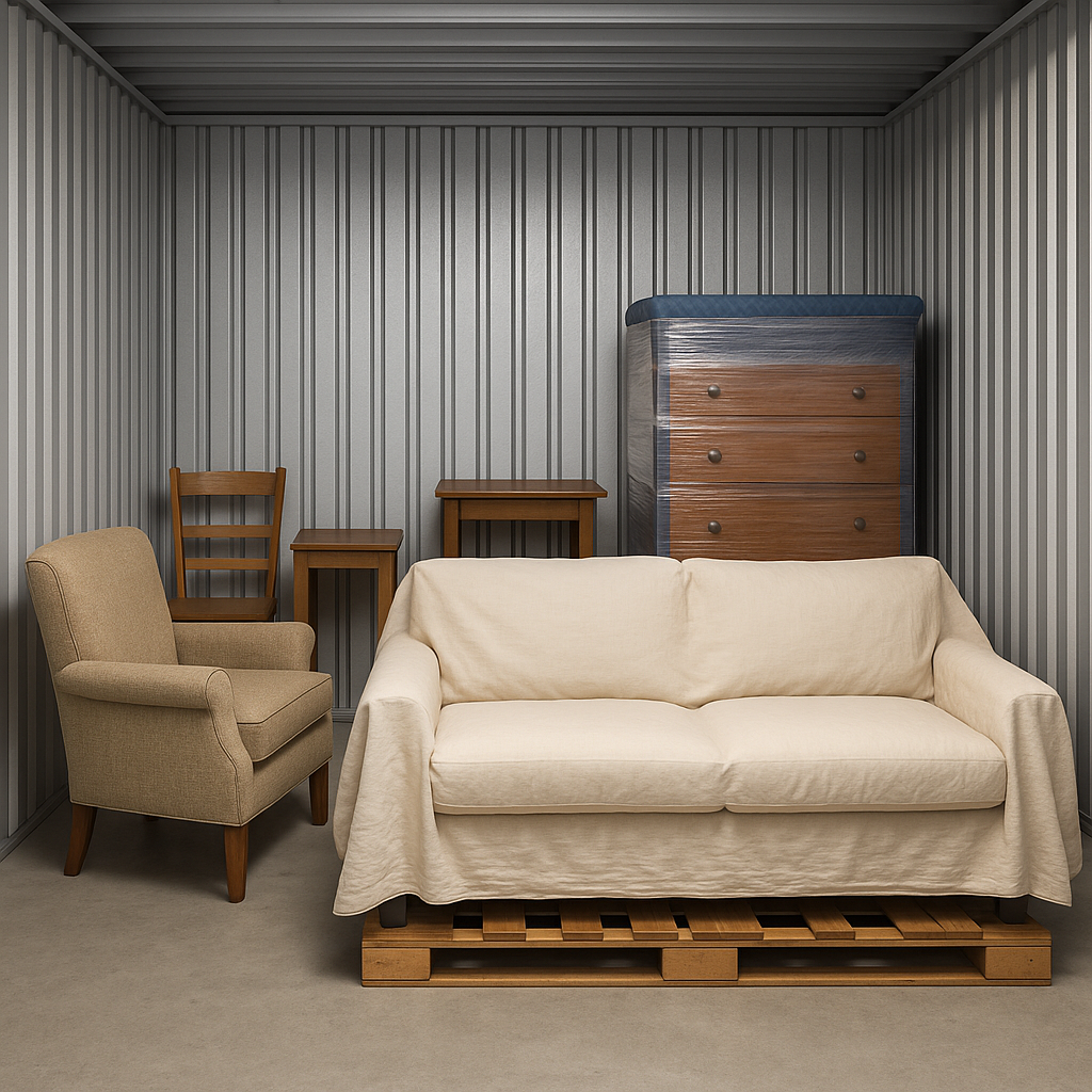 Covered couch in clean storage unit with breathable wrap and raised wooden pallet