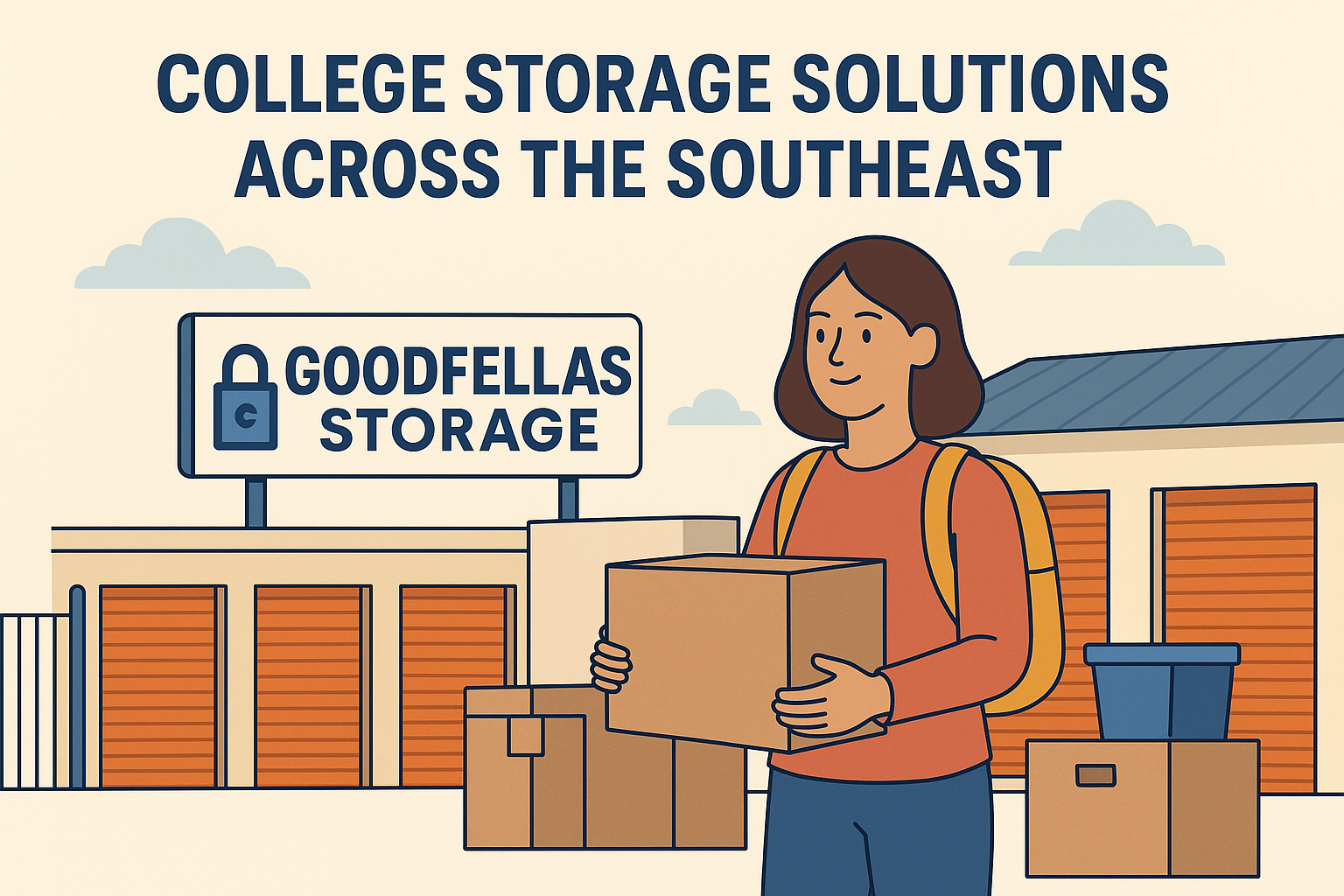 College student holding a moving box in front of a Goodfellas Storage facility