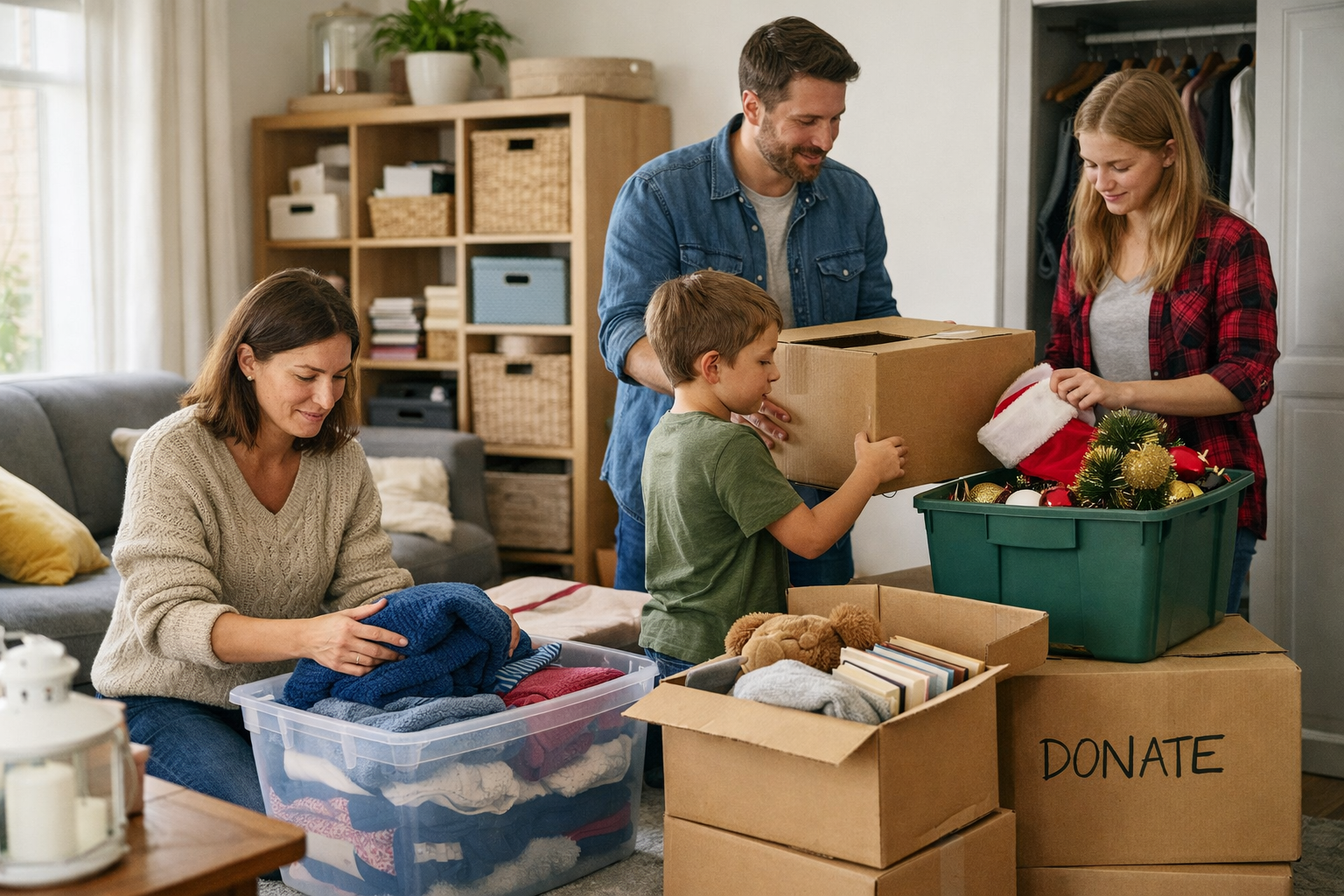 Family organizing boxes for a Goodfellas Storage unit