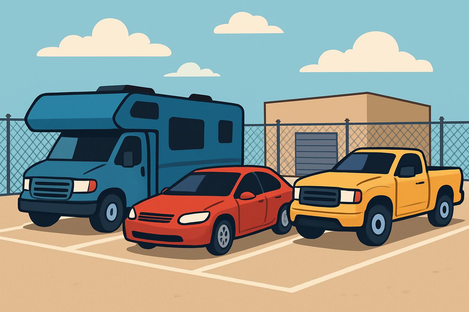 RV, car, and truck in outdoor storage lot