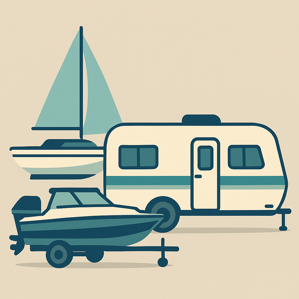 Flat-style illustration of a travel trailer RV, motorboat, and sailboat
