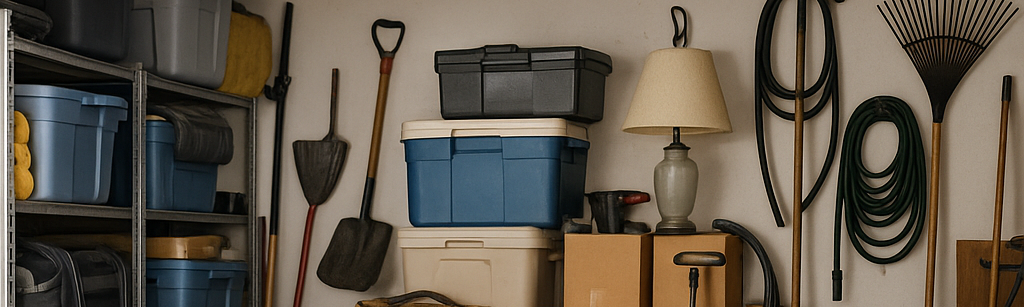 Stacked goods in a garage ready for a storage unit - Goodfellas Storage